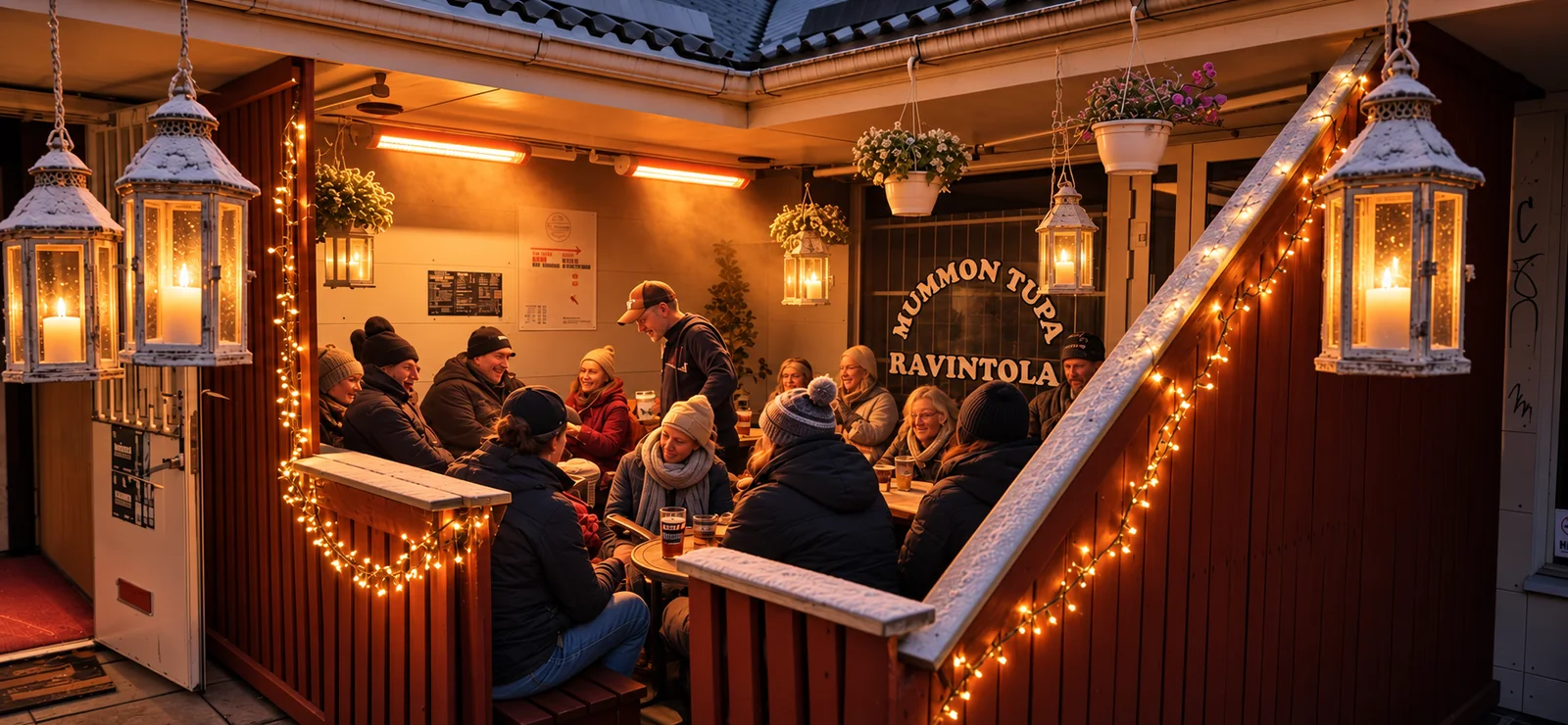 Mummon Tuvan lämmitetty terassi iltavalaistuksessa